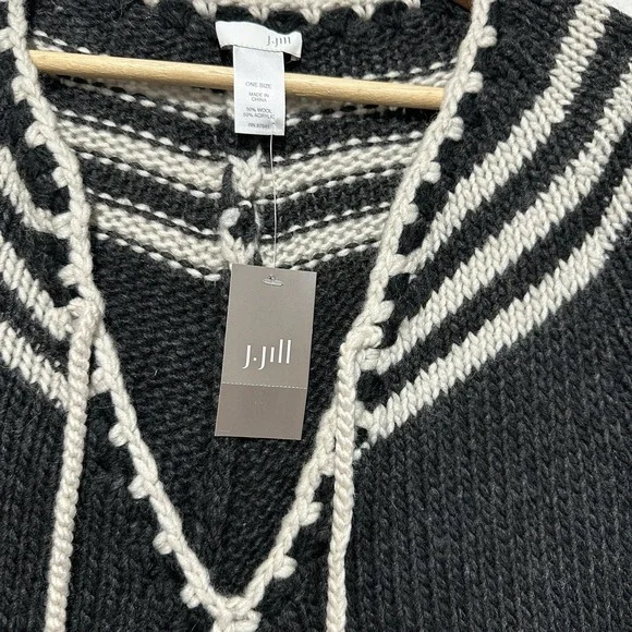 J. Jill Black & White Knit Poncho V-neck w/ Tassel Ties & Geometric Patterns NWT - Picture 5 of 11